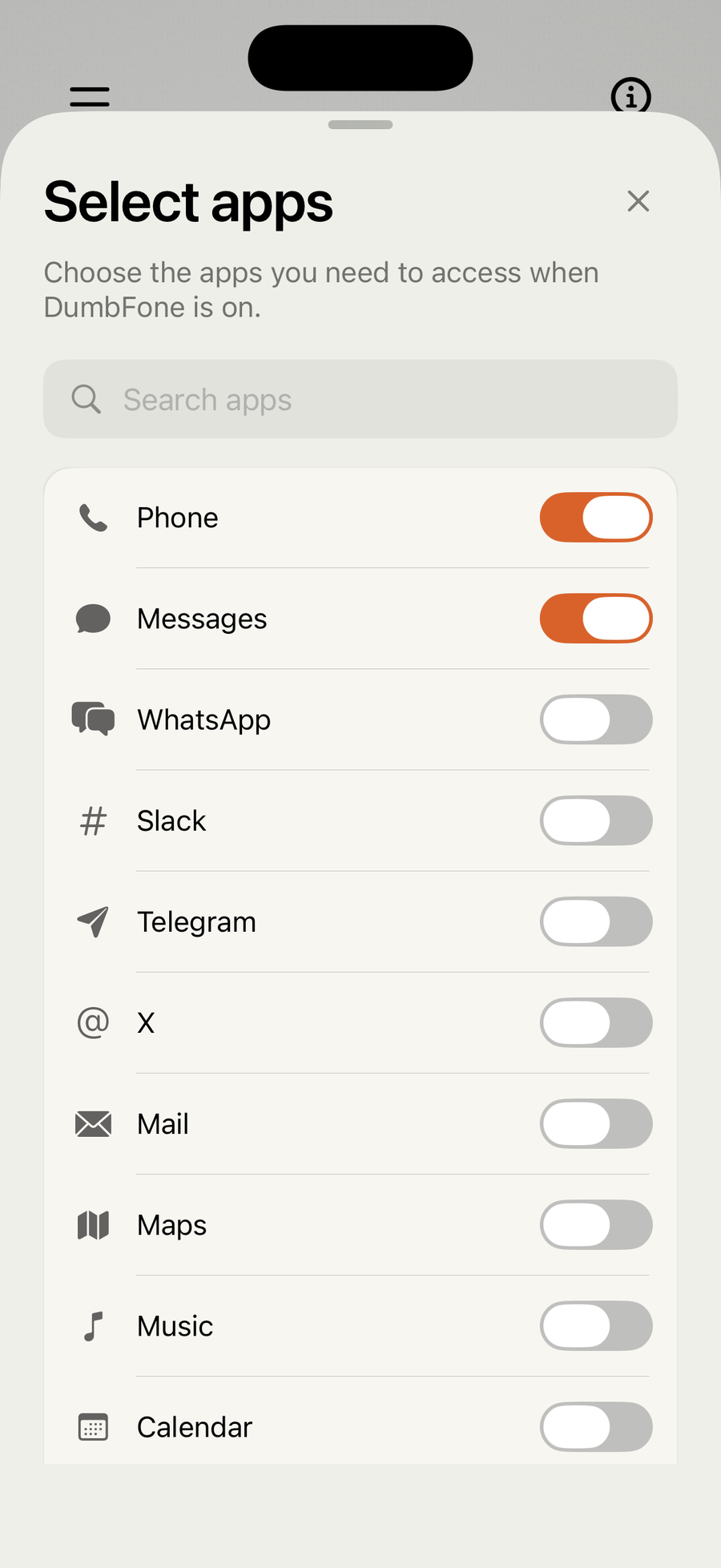 Select apps screen